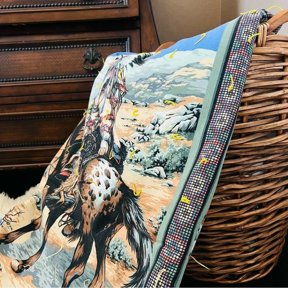 76”x52” Vintage Indian On Horse Eagles and wolfs Quilt.